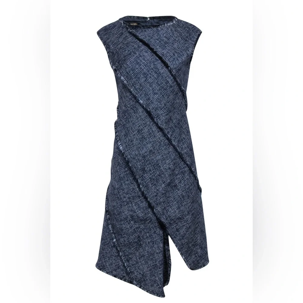Escada - Navy & White Cotton Tweed Shift Dress w/ Fringe Detail Size 40